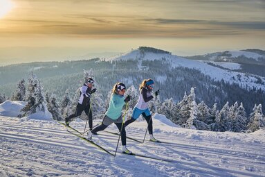 Drei Langläuferinnen fahren auf klassische Weise auf einer Loipe. Alles ist mit Schnee bedeckt und die untergehende Sonne färbt den Himmel orange. | © Bodenmais Tourismus & Marketing GmbH